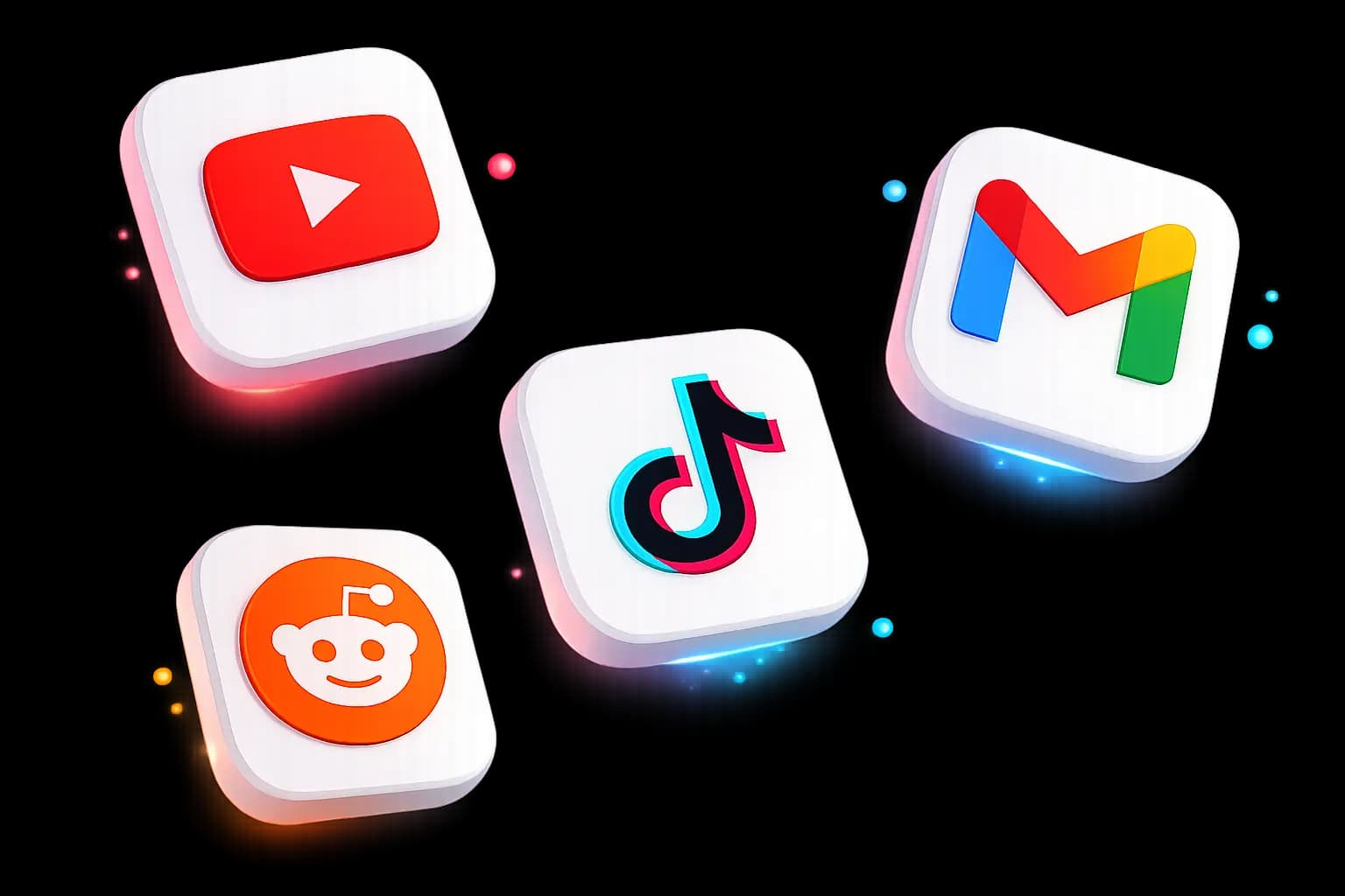 Floating social platform app icons rendered as soft 3D tiles.